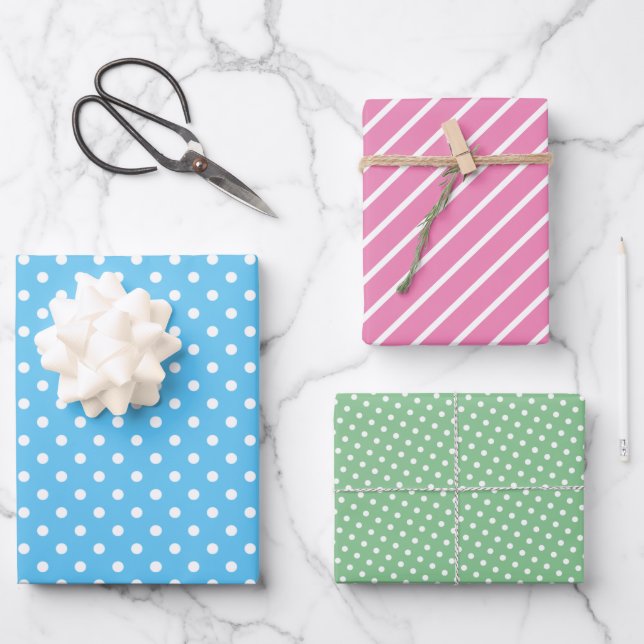 Cute Fun Blue Pink Green Stripes Polkadots Art Wrapping Paper Sheet (Front)