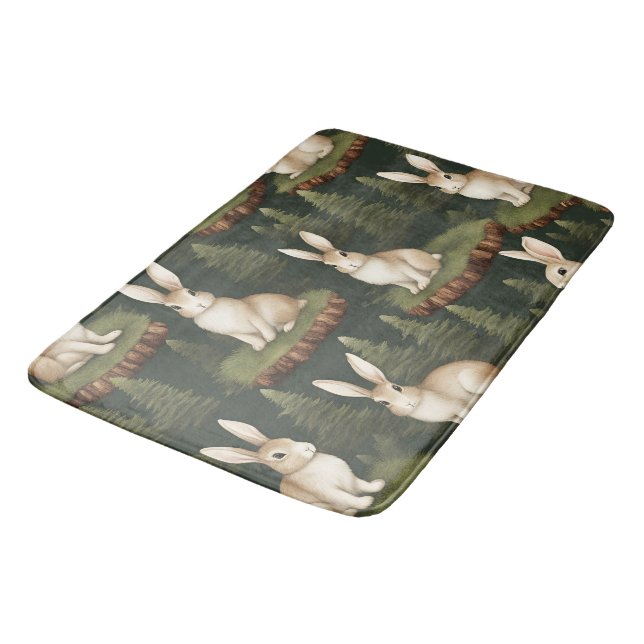Cute Fun Bunnies On Evergreen Background Bath Mat (Angled)
