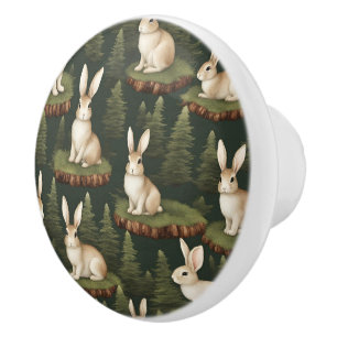 Cute Fun Bunnies On Evergreen Background Ceramic Knob