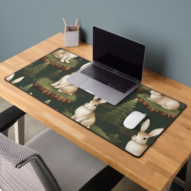 Cute Fun Bunnies On Evergreen Background Desk Mat (Office 2)