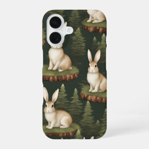 Cute Fun Bunnies On Evergreen Background iPhone 16 Case