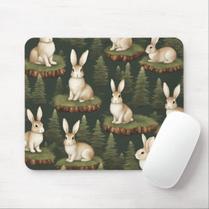 Cute Fun Bunnies On Evergreen Background Mouse Pad