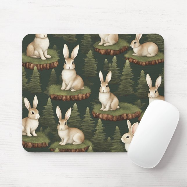 Cute Fun Bunnies On Evergreen Background Mouse Pad (With Mouse)
