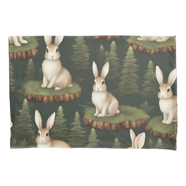 Cute Fun Bunnies On Evergreen Background Pillowcase (Front)