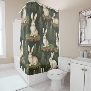 Cute Fun bunnies On Evergreen Background Shower Curtain