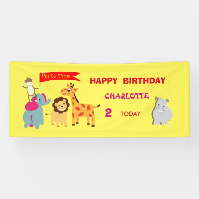Cute Fun Cartoon Jungle Animals Personalised Banner (Horizontal)