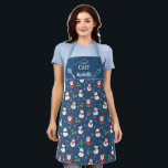 Cute fun cartoon snowman Santa Claus Christmas Apron<br><div class="desc">Cute blue family matching apron featuring a fun pattern with lovely cartoon snowmen with red and scarfs and red and black hats, and adorable little Santa Clauses, decorated with snowflakes, green and red holly leaves, and red and white candy canes. The caption on the upper part, decorated with a stylised...</div>