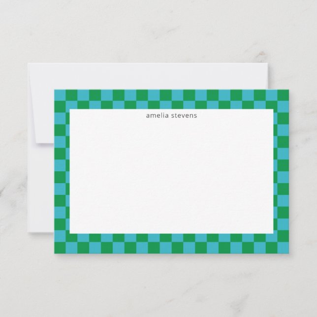Cute Fun Chequerboard Blue Green Geometric Name Thank You Card (Front)