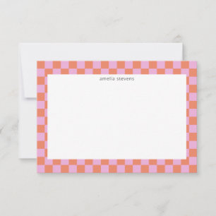 Cute Fun Chequerboard Pink Coral Geometric Name Thank You Card