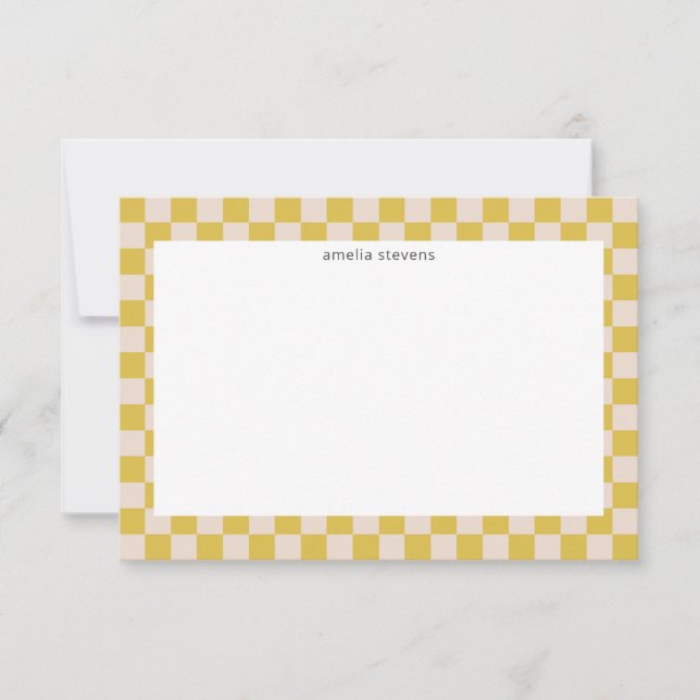 Cute Fun Chequerboard Yellow White Geometric Name Thank You Card (Front)