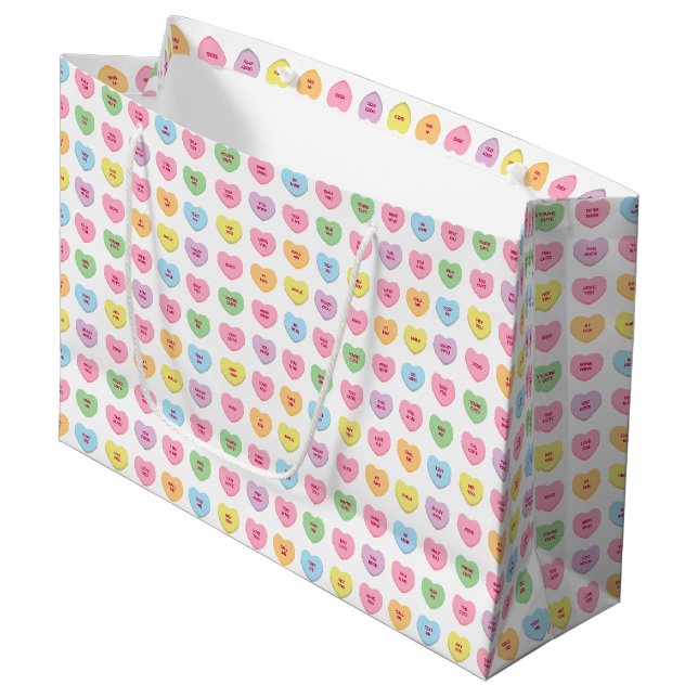 Cute fun colourful conversation hearts pattern large gift bag (Front Angled)