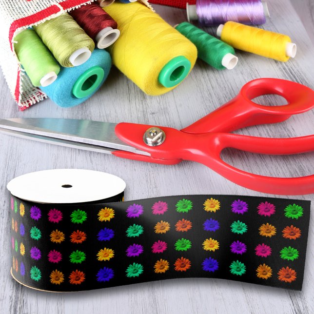 Cute Fun Colourful Groovy Funky Cool Stylish Flowe Grosgrain Ribbon (Creator Uploaded)
