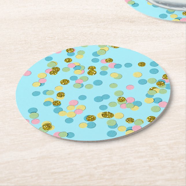 Cute Fun Colourful Modern Confetti Dots Round Paper Coaster (Angled)