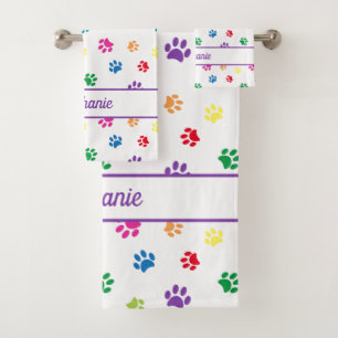 Cute Fun Colourful Paw Prints Personalised Bath Towel Set