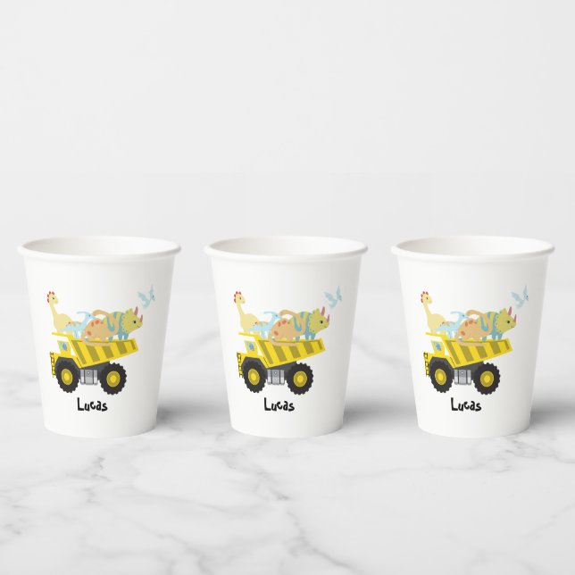 Cute fun dinosaur tractor truck school Birthday Paper Cups (Multi)