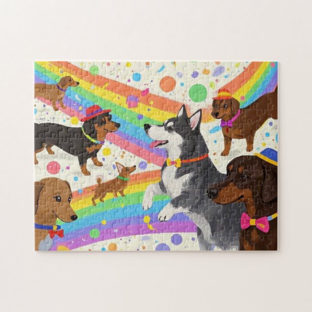 Cute fun dogs with rainbow  jigsaw puzzle (Horizontal)