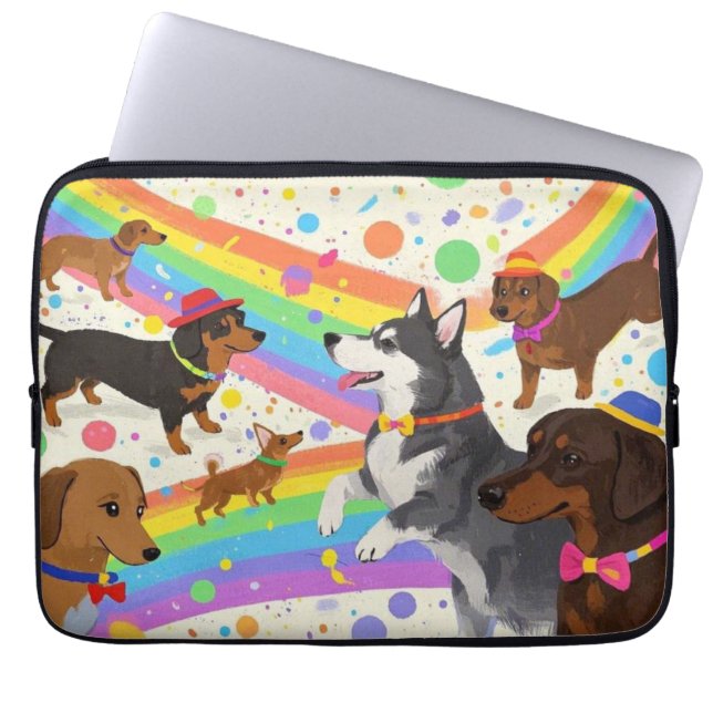 Cute fun dogs with rainbow  laptop sleeve (Front)