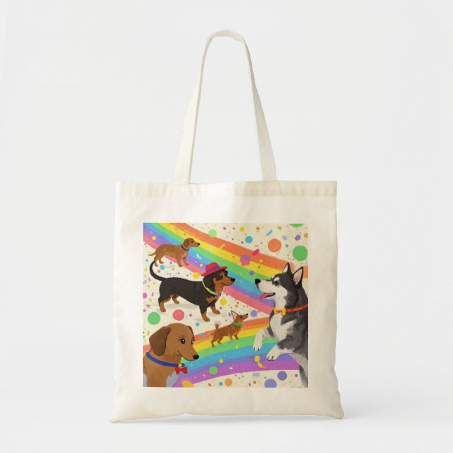 Cute fun dogs with rainbow  tote bag (Front)
