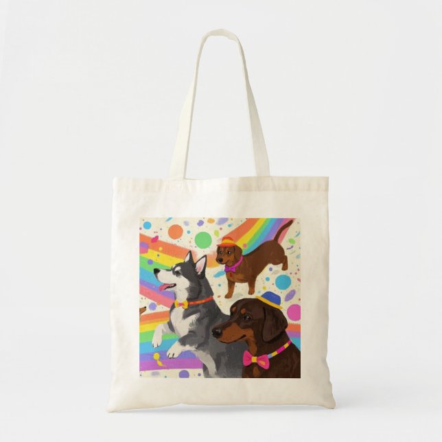 Cute fun dogs with rainbow  tote bag (Front)