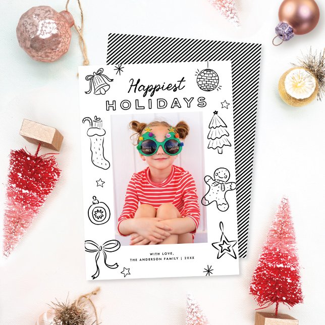 Cute Fun Doodles Black & White Christmas Photo Holiday Card (Creator Uploaded)