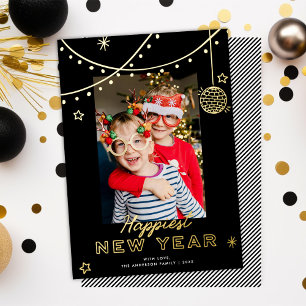 Cute Fun Doodles Happy New Year Photo Black + Gold Foil Holiday Card