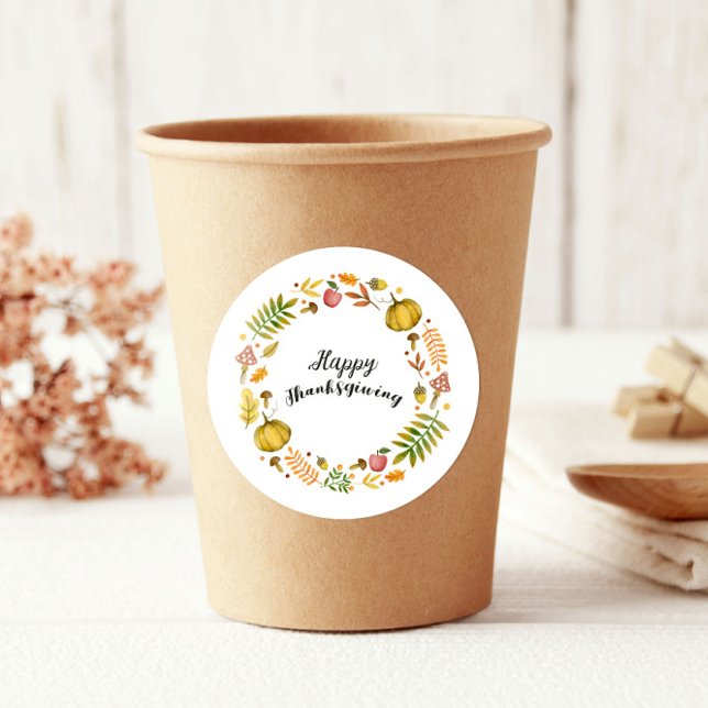 Cute Fun Fall Wreath Happy Thanksgiving Classic Round Sticker (Creator Uploaded)