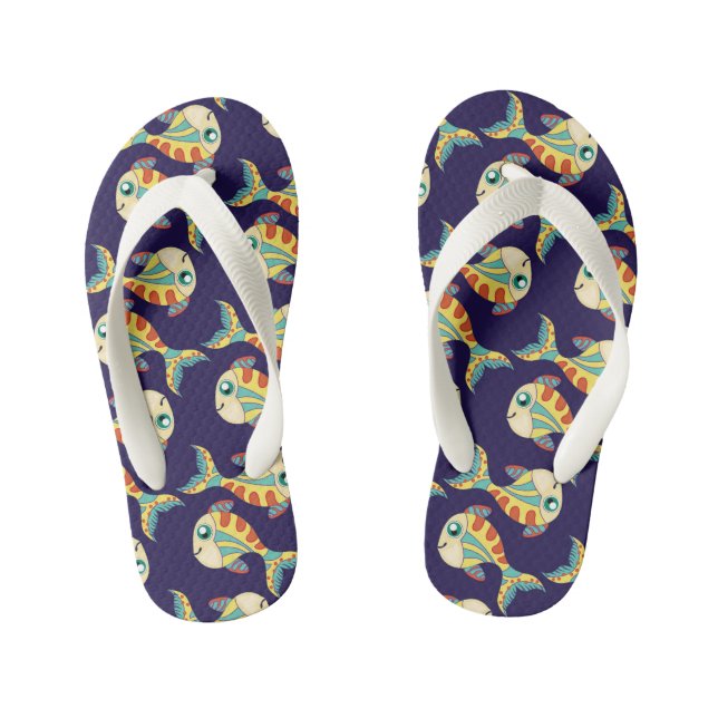 Cute Fun Fish Pattern Navy Blue Kid's Thongs (Footbed)