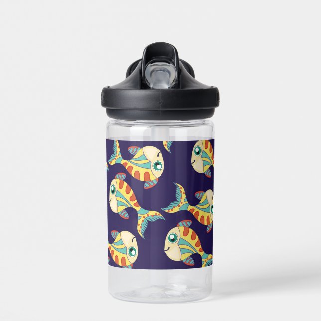 Cute Fun Fish Pattern Navy Blue Water Bottle (Front)