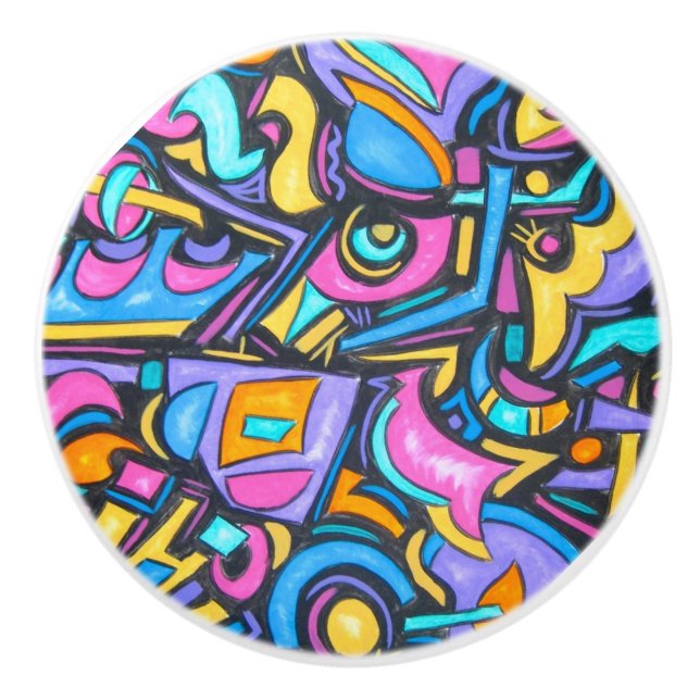 Cute Fun Funky Colourful Bold Whimsical Shapes Ceramic Knob (Front)