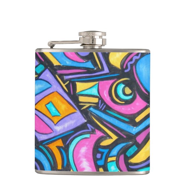 Cute Fun Funky Colourful Bold Whimsical Shapes Hip Flask (Front)