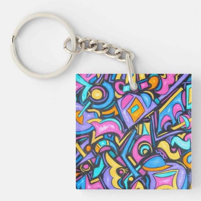 Cute Fun Funky Colourful Bold Whimsical Shapes Key Ring (Front)