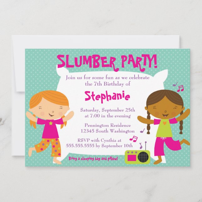 Cute fun girl's birthday slumber party invitation (Front)