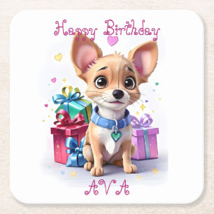 Cute Fun Girly Chihuahua and Gifts Birthday Party Square Paper Coaster