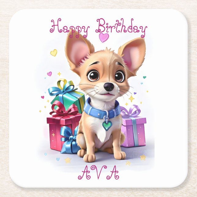 Cute Fun Girly Chihuahua and Gifts Birthday Party Square Paper Coaster (Front)