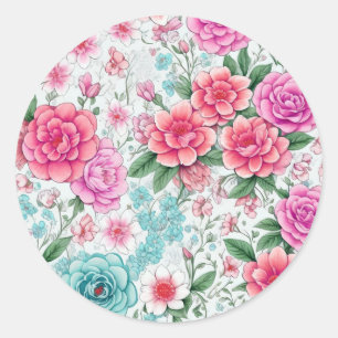 Cute Fun Girly Vintage Floral Pattern  Classic Round Sticker