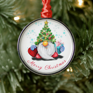 Cute Fun Gnome with Christmas Tree Hat and Gift Metal Ornament