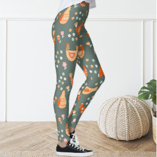 Cute Fun Green Orange Floral Chicken Leggings