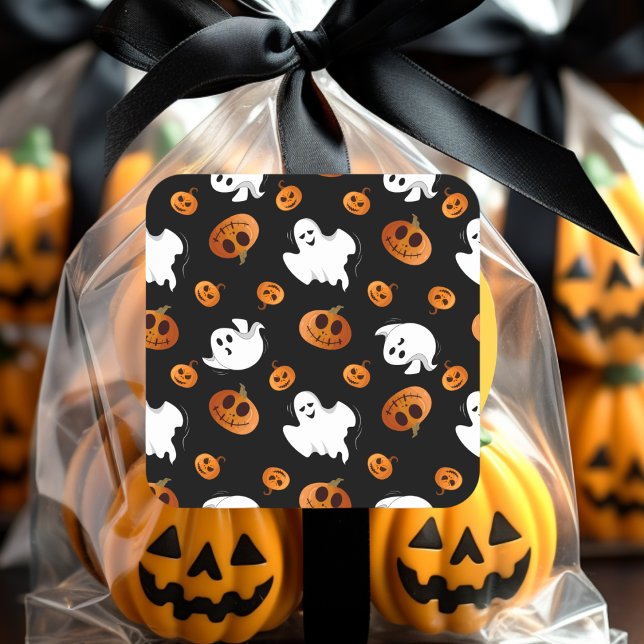 Cute Fun Halloween Ghost Pumpkin Pattern Square Sticker (Creator Uploaded)