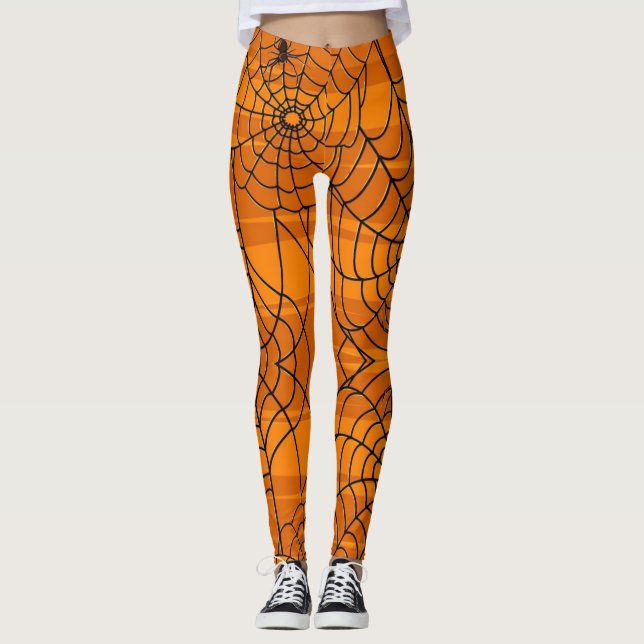 Cute Fun Halloween Spider Web Black and Orange Leggings (Front)