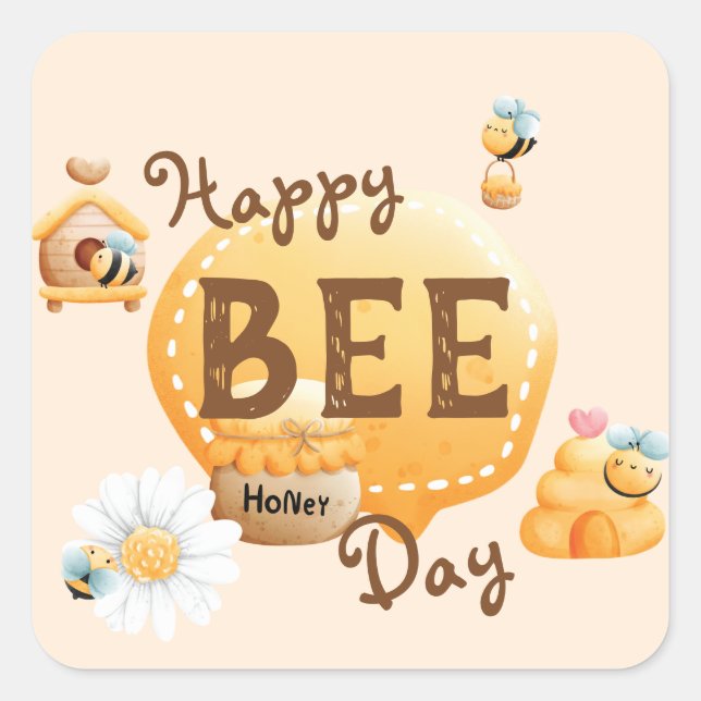 Cute Fun Happy Bee-Day Birthday Square Sticker (Front)