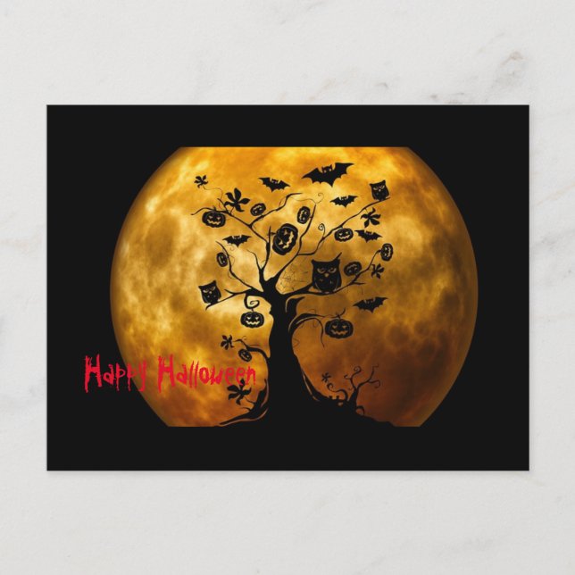 Cute Fun Happy Halloween Scary Tree and Full Moon Holiday Postcard (Front)