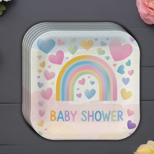 Cute Fun Hearts and Rainbow Baby Shower Paper Plate (Creator Uploaded)
