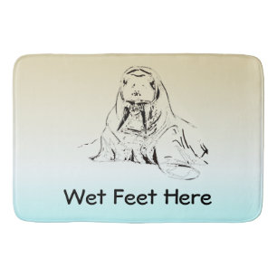Cute Fun Ice Blue Wet Feet Pencil Sketched Walrus Bath Mat