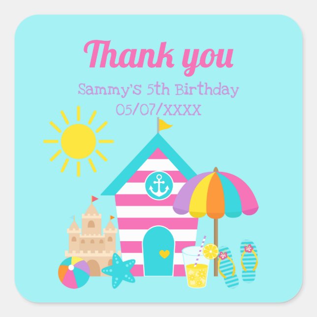 Cute Fun Kids Beach Summer Birthday Thank You Square Sticker (Front)