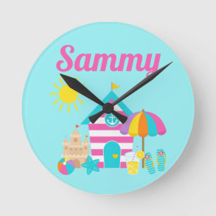 Cute Fun Kids Beach Summer Round Clock