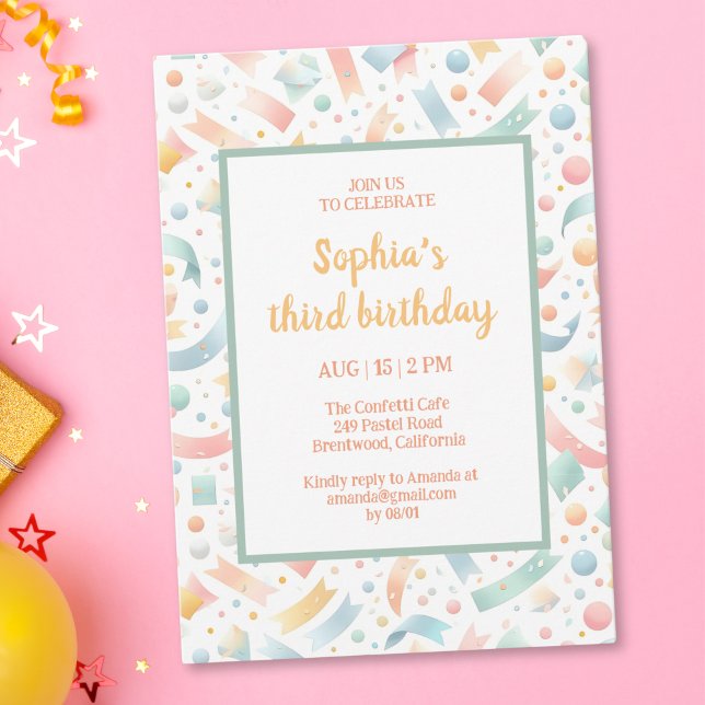 Cute Fun Kids Confetti Colourful Pastel Birthday Invitation (Creator Uploaded)
