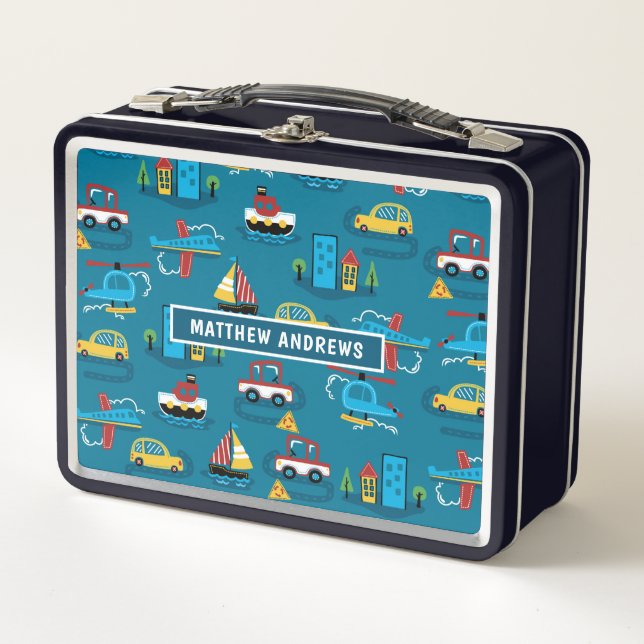 Cute Fun Kids Transport Pattern Personalised Name Metal Lunch Box (Front)