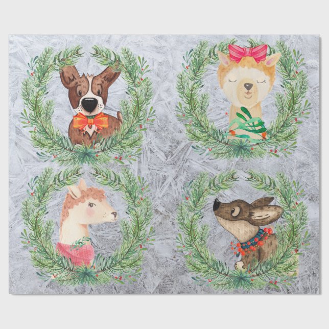 Cute, Fun Llama & Dog Christmas Wreaths Wrapping Paper (Flat)