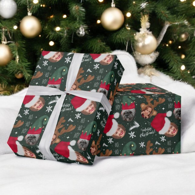 Cute fun merry Christmas illustration 3 photos Wrapping Paper (Cute fun merry Christmas illustration 3 photos Wrapping Paper)