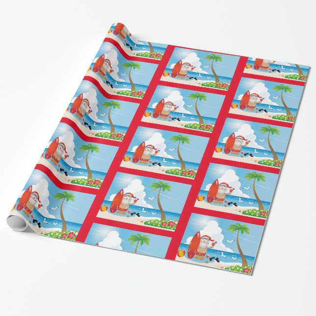 Cute Fun Modern Beach Santa Design Pattern Wrapping Paper (Unrolled)